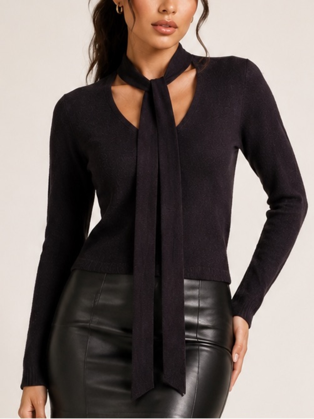 Babaton Black V-Neck Merino Wool Sweater in Black with Front Tie (Size S)